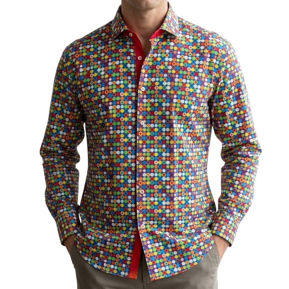 Steven Land Men's Size 4XLT Colorful Retro Polka Dot Geometric Button Down Shirt